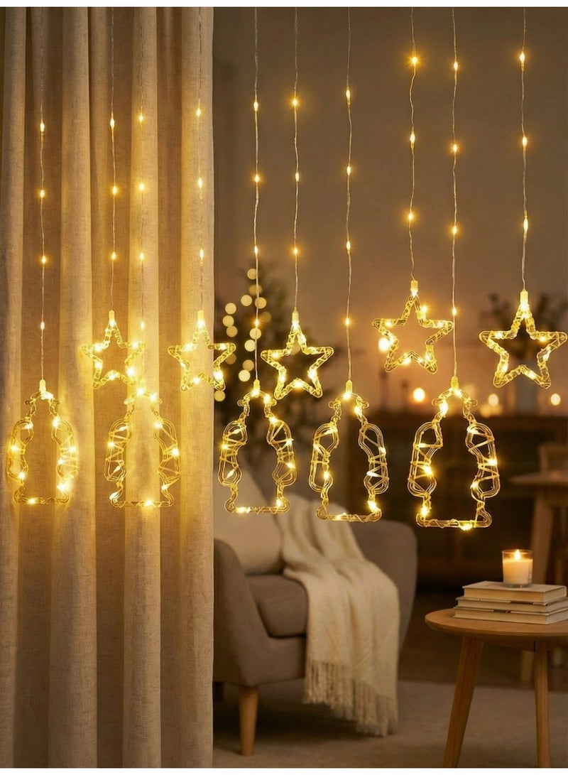 Ramadan Kareem & Eid Curtain String Lights with Stars and Lantern Pendants - Festive Decoration for Home Ambiance 3 Meter